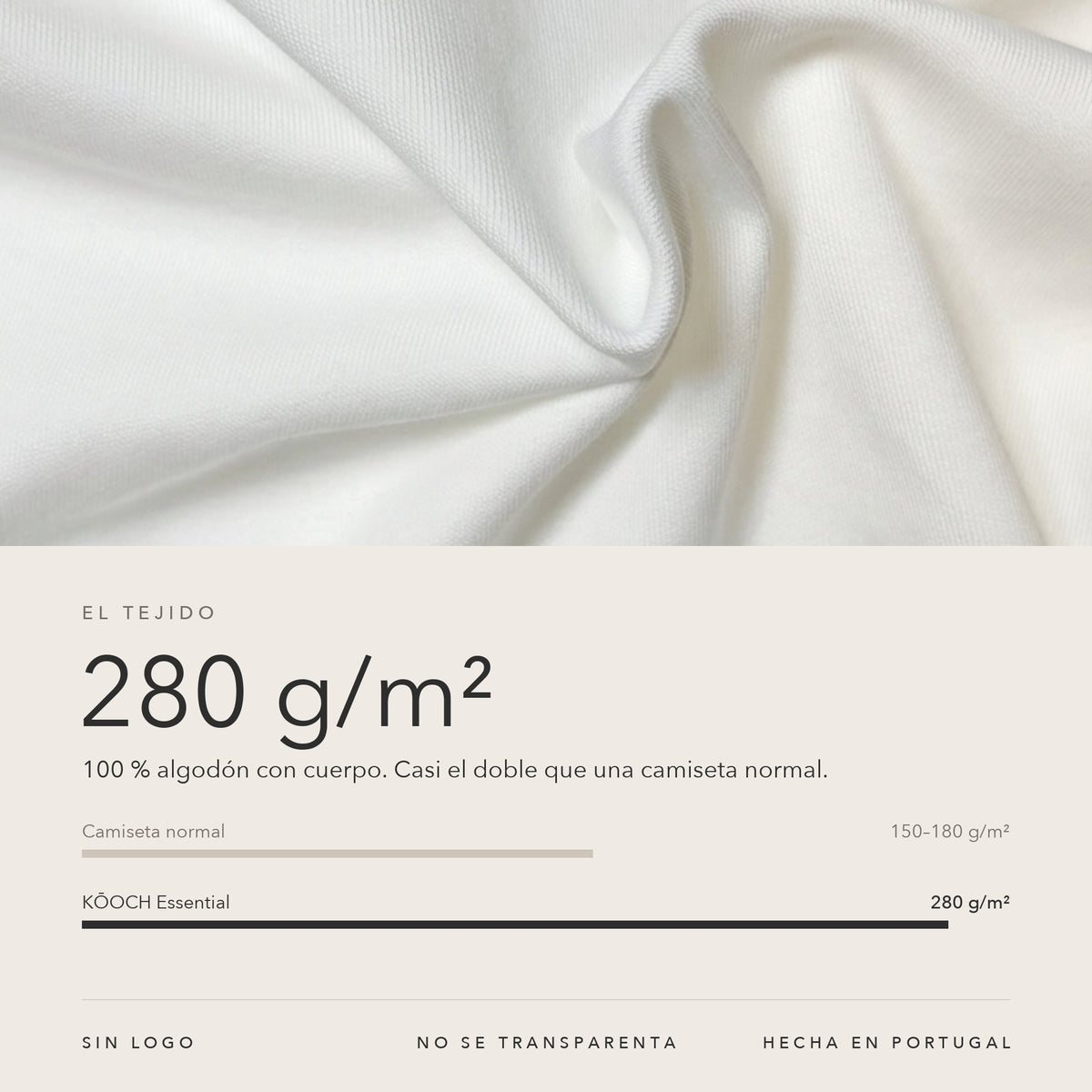 Tejido de la camiseta blanca KŌOCH Essential: 280 g/m², casi el doble que una camiseta normal de 150-180 g/m²